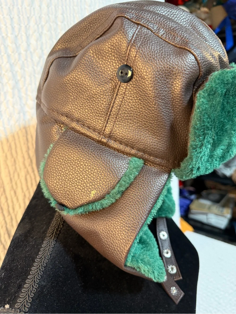 Plush Faux Fur Trapper Hat in Emerald Green with Brown Exterior